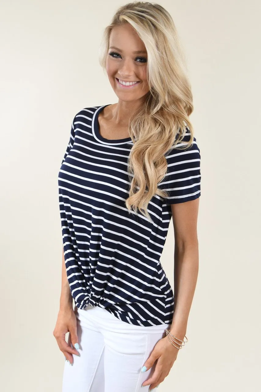Navy Striped Scoop Neck Knot Top