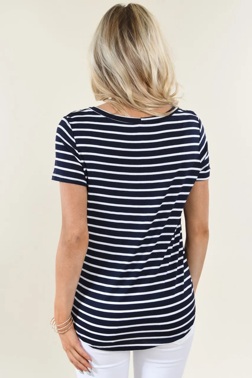Navy Striped Scoop Neck Knot Top