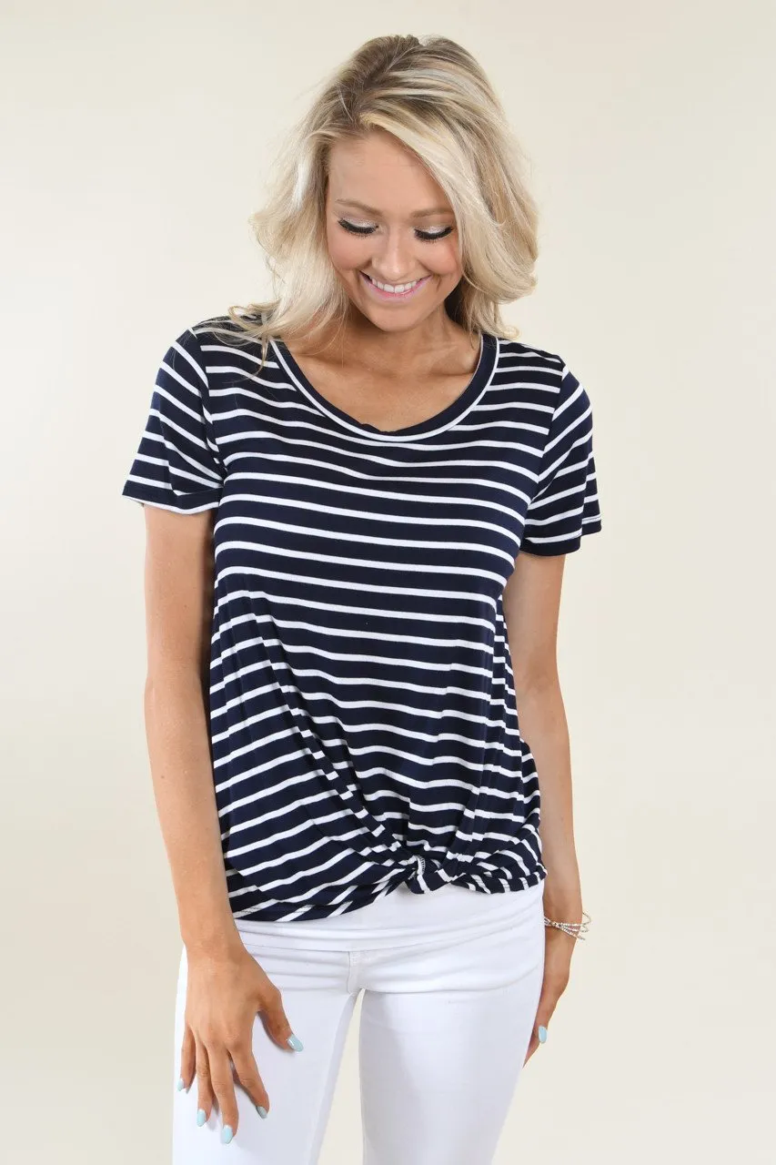 Navy Striped Scoop Neck Knot Top
