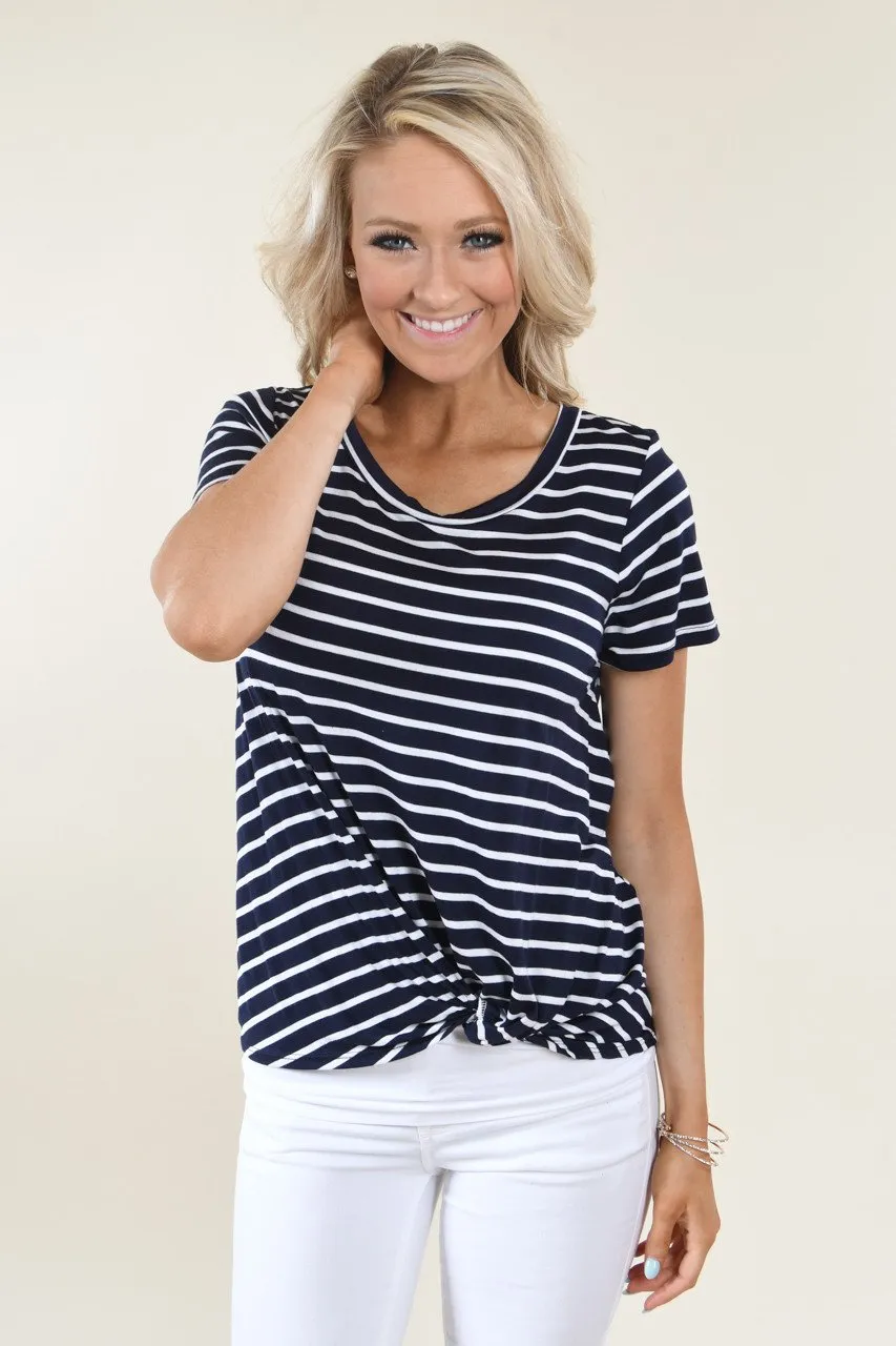 Navy Striped Scoop Neck Knot Top
