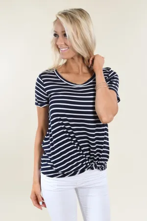 Navy Striped Scoop Neck Knot Top