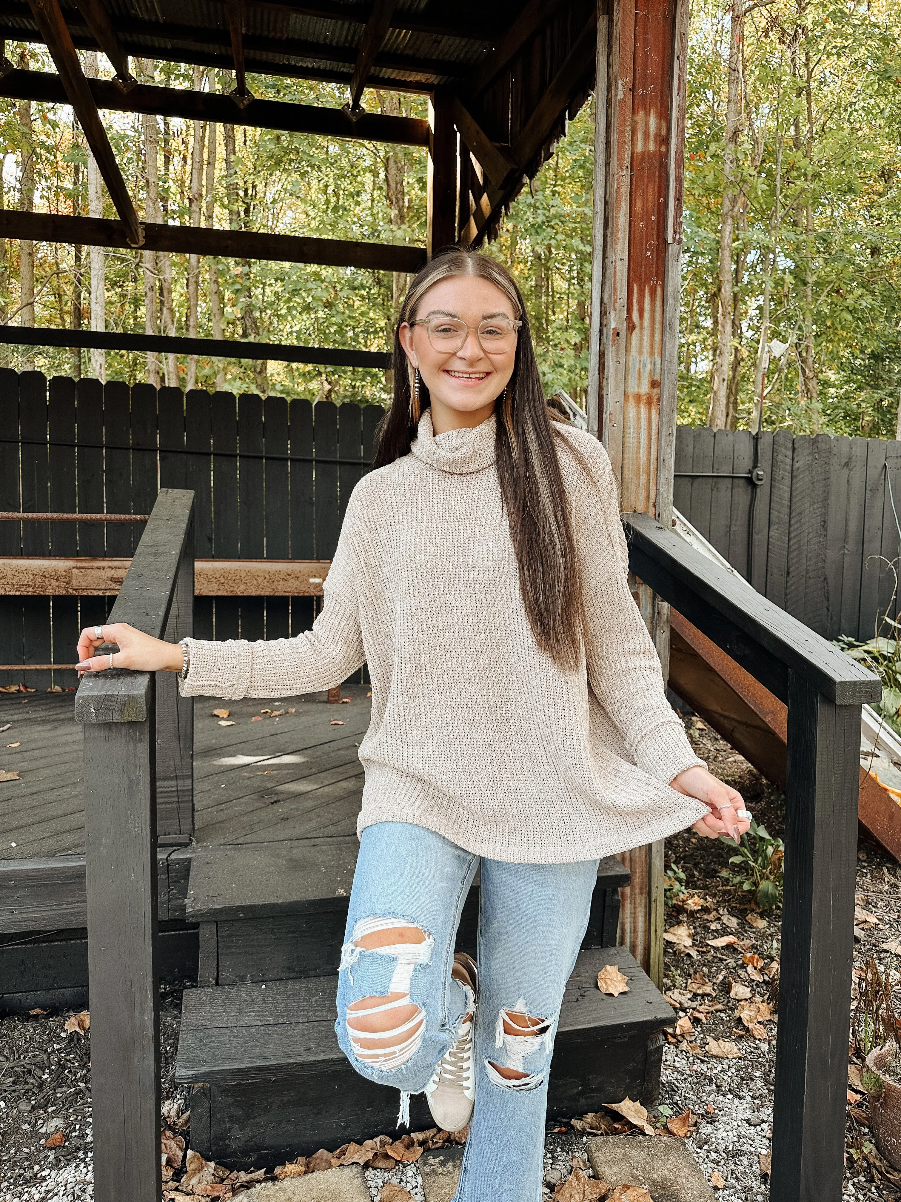 Oatmeal Long Sleeve Turtle Neck Top