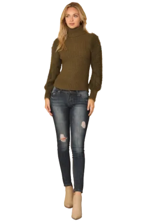Olive Fur Sleeves Ribbed Turtle Neck Sweater - Pack of 6