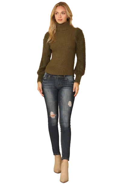 Olive Fur Sleeves Ribbed Turtle Neck Sweater - Pack of 6
