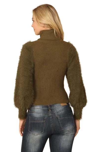 Olive Fur Sleeves Ribbed Turtle Neck Sweater - Pack of 6