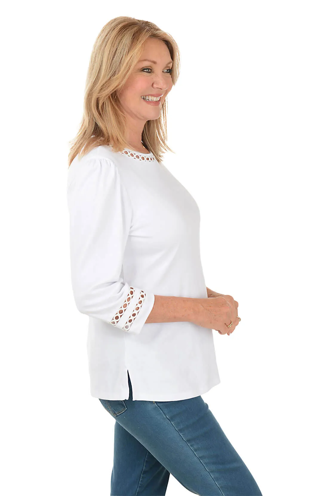 Petite Ringed Crochet Trim Knit Top