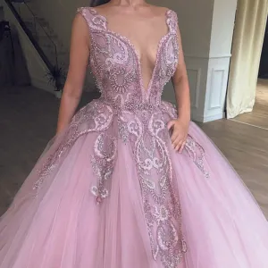 pink ball gown prom dresses 2020 lace appliqué beaded elegant deep v neck prom gown vestido de graduation