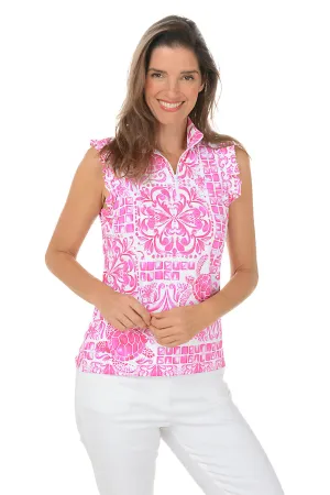 Pink Turtle Tile UPF50  Ruffle Zip Sleeveless Top
