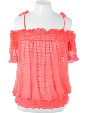 Plus Size Captivating Open Shoulder Coral Blouse