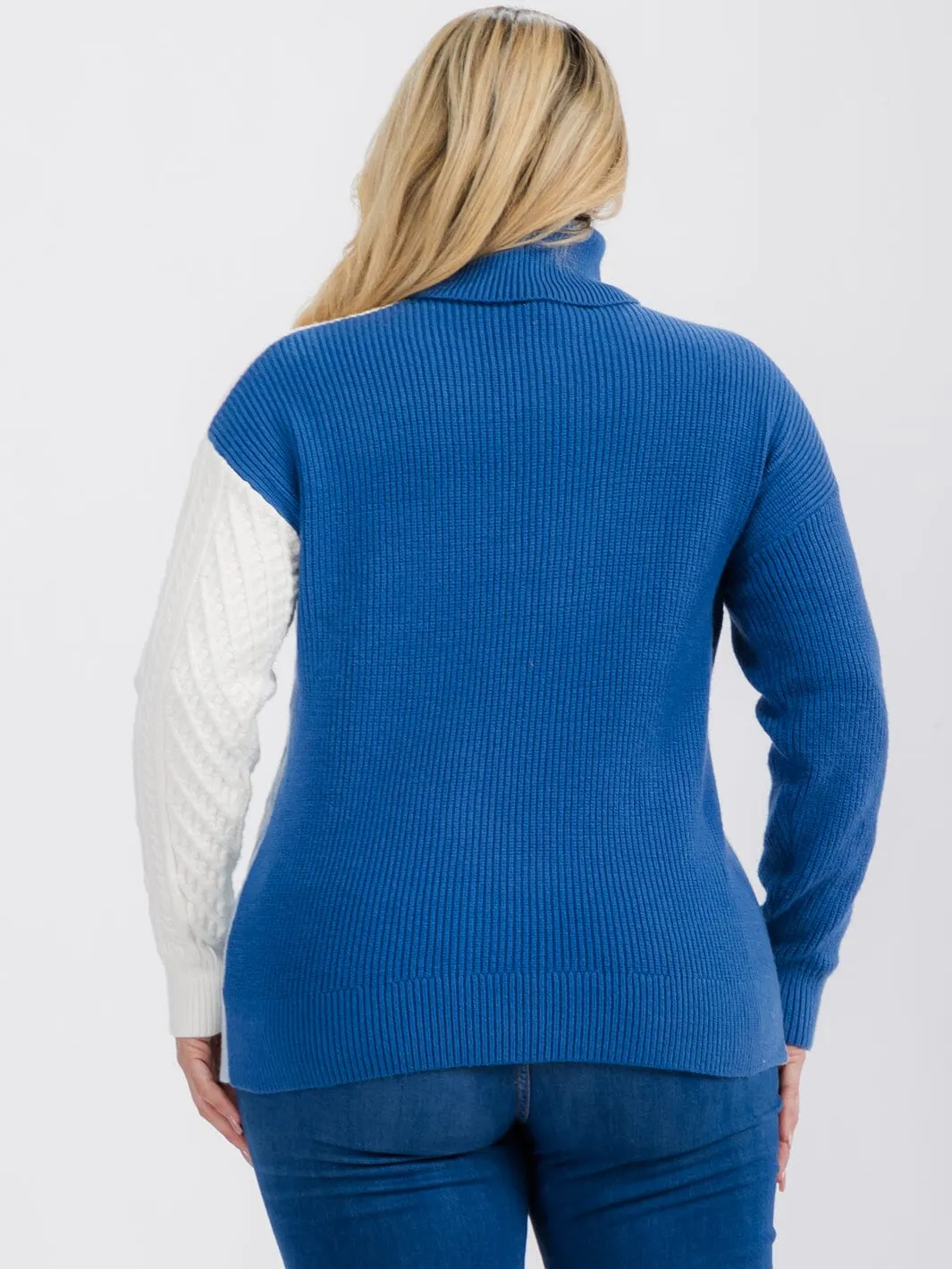 PLUS SIZE LONG SLEEVE TURTLE NECK DETAILED COLORBLOCK PULLOVER SWEATER