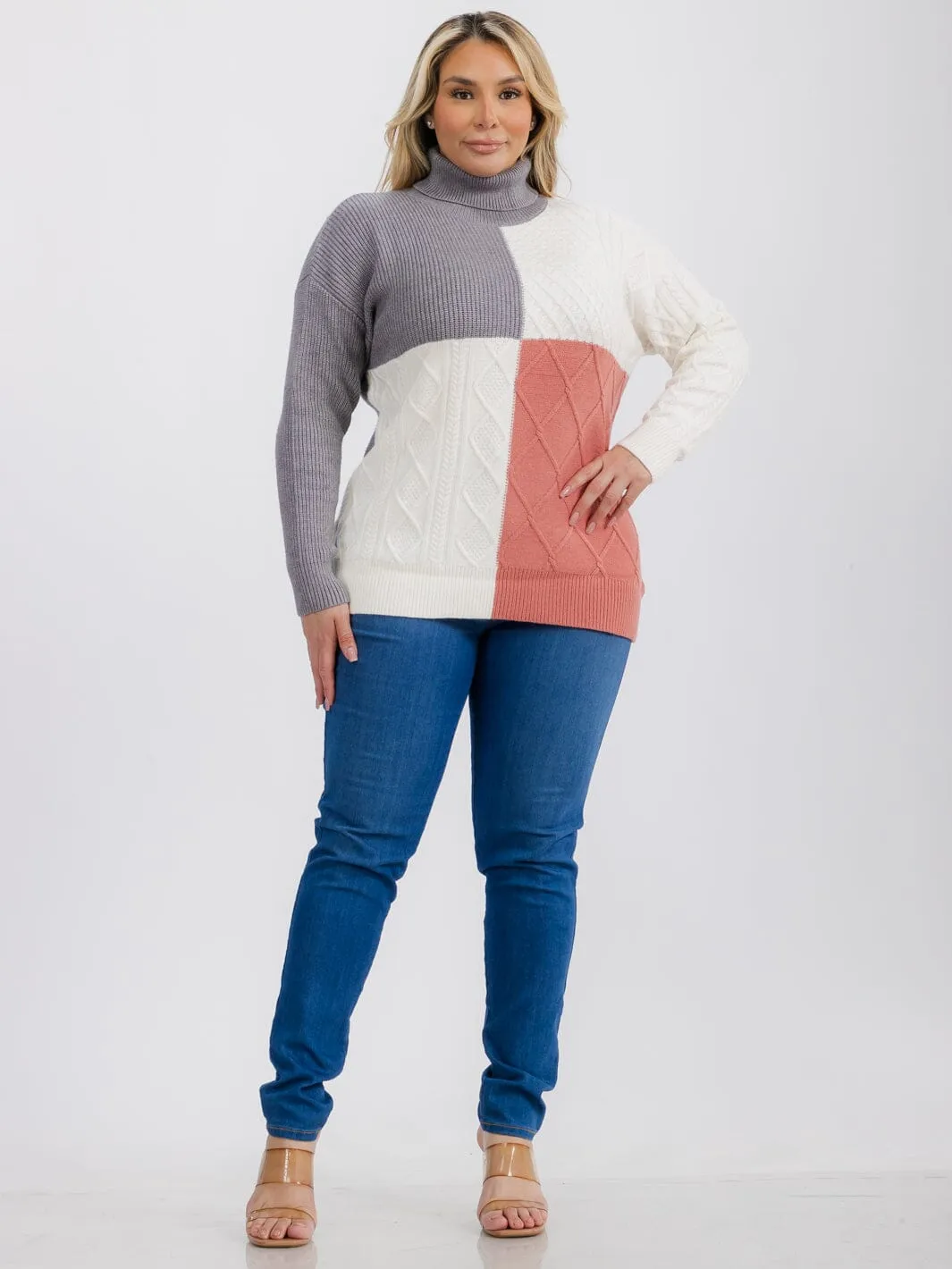 PLUS SIZE LONG SLEEVE TURTLE NECK DETAILED COLORBLOCK PULLOVER SWEATER