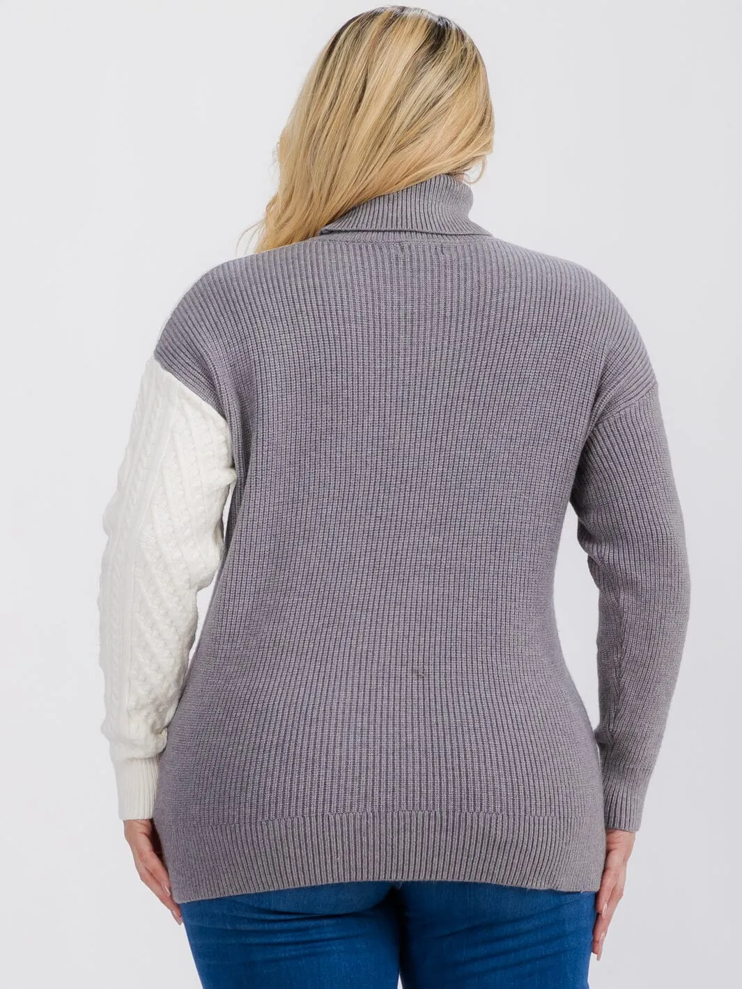 PLUS SIZE LONG SLEEVE TURTLE NECK DETAILED COLORBLOCK PULLOVER SWEATER