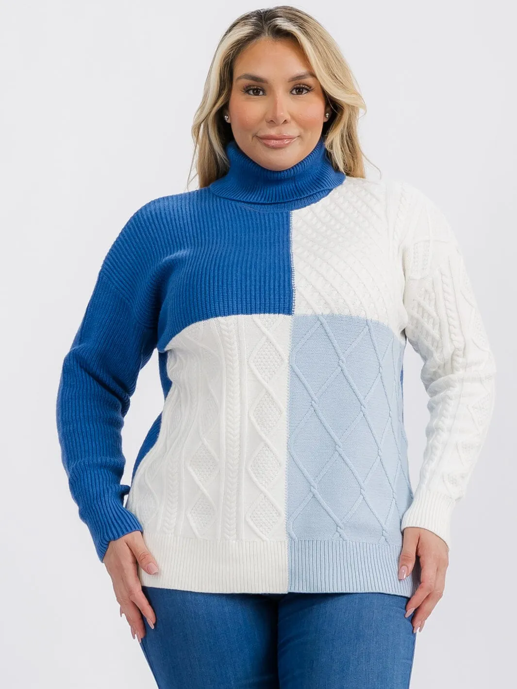 PLUS SIZE LONG SLEEVE TURTLE NECK DETAILED COLORBLOCK PULLOVER SWEATER