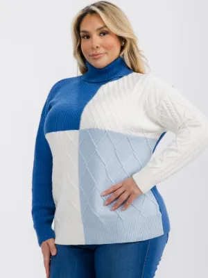 PLUS SIZE LONG SLEEVE TURTLE NECK DETAILED COLORBLOCK PULLOVER SWEATER