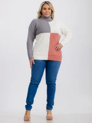 PLUS SIZE LONG SLEEVE TURTLE NECK DETAILED COLORBLOCK PULLOVER SWEATER