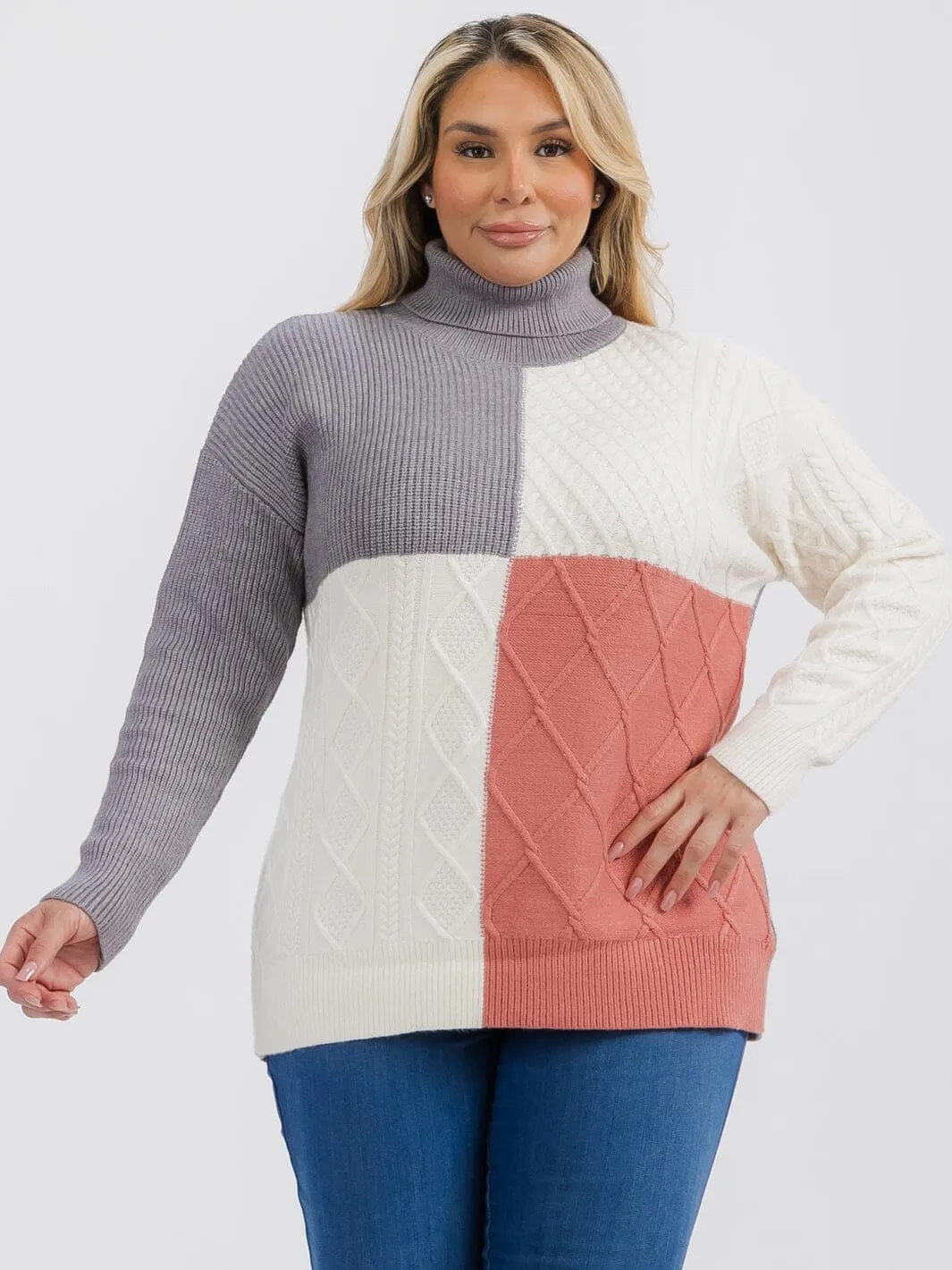 PLUS SIZE LONG SLEEVE TURTLE NECK DETAILED COLORBLOCK PULLOVER SWEATER
