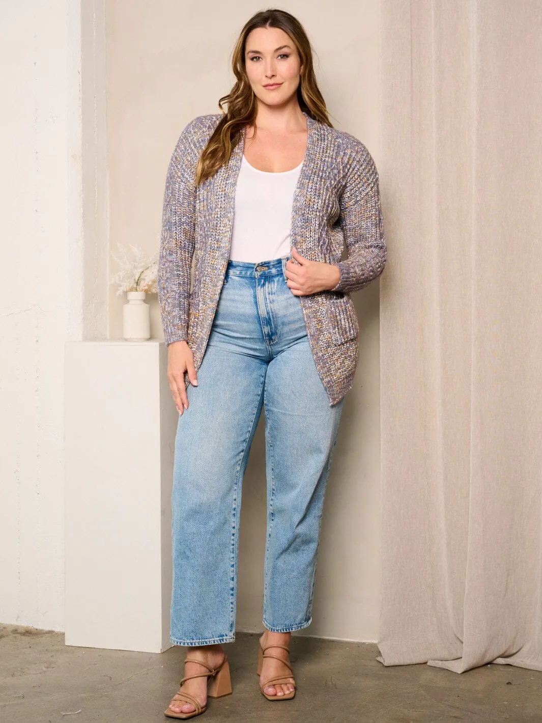 PLUS SIZE LONG SLEEVES OPEN FRONT POCKETS CARDIGAN