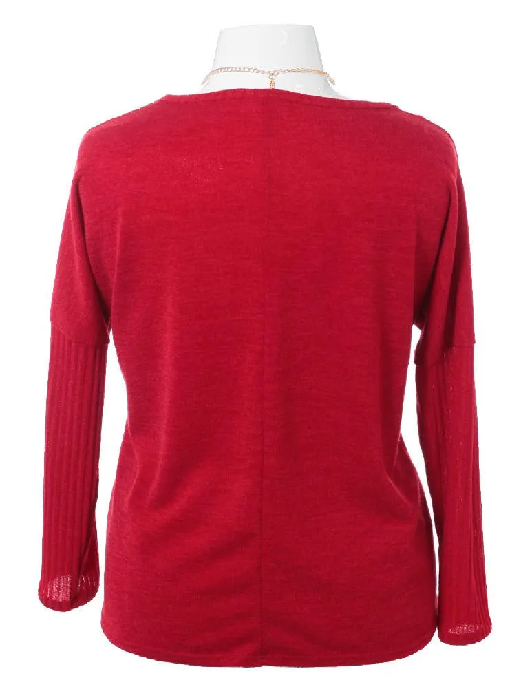 Plus Size Necklace Long Sleeve Red Top