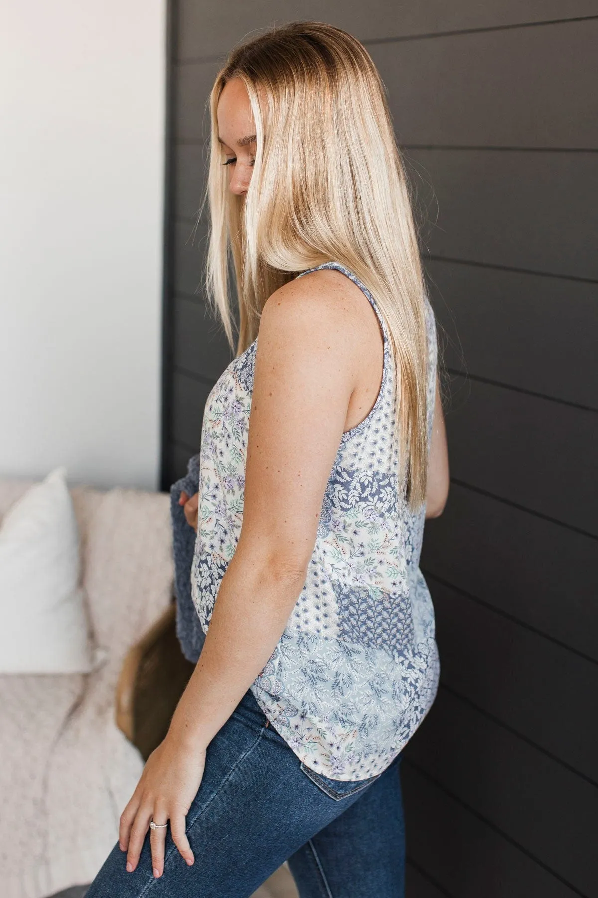 Predicting Greatness Patchwork Tank Top- Blue