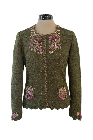 Prettiest 1980s Wolkenstricker Moss Green Colour Hand Knit Cardigan Sweater w Pink Floral Details