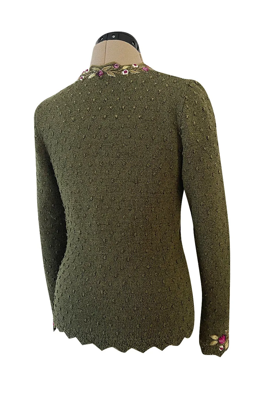 Prettiest 1980s Wolkenstricker Moss Green Colour Hand Knit Cardigan Sweater w Pink Floral Details
