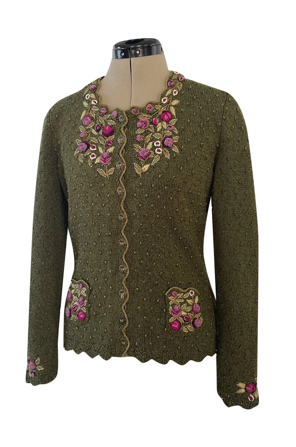 Prettiest 1980s Wolkenstricker Moss Green Colour Hand Knit Cardigan Sweater w Pink Floral Details