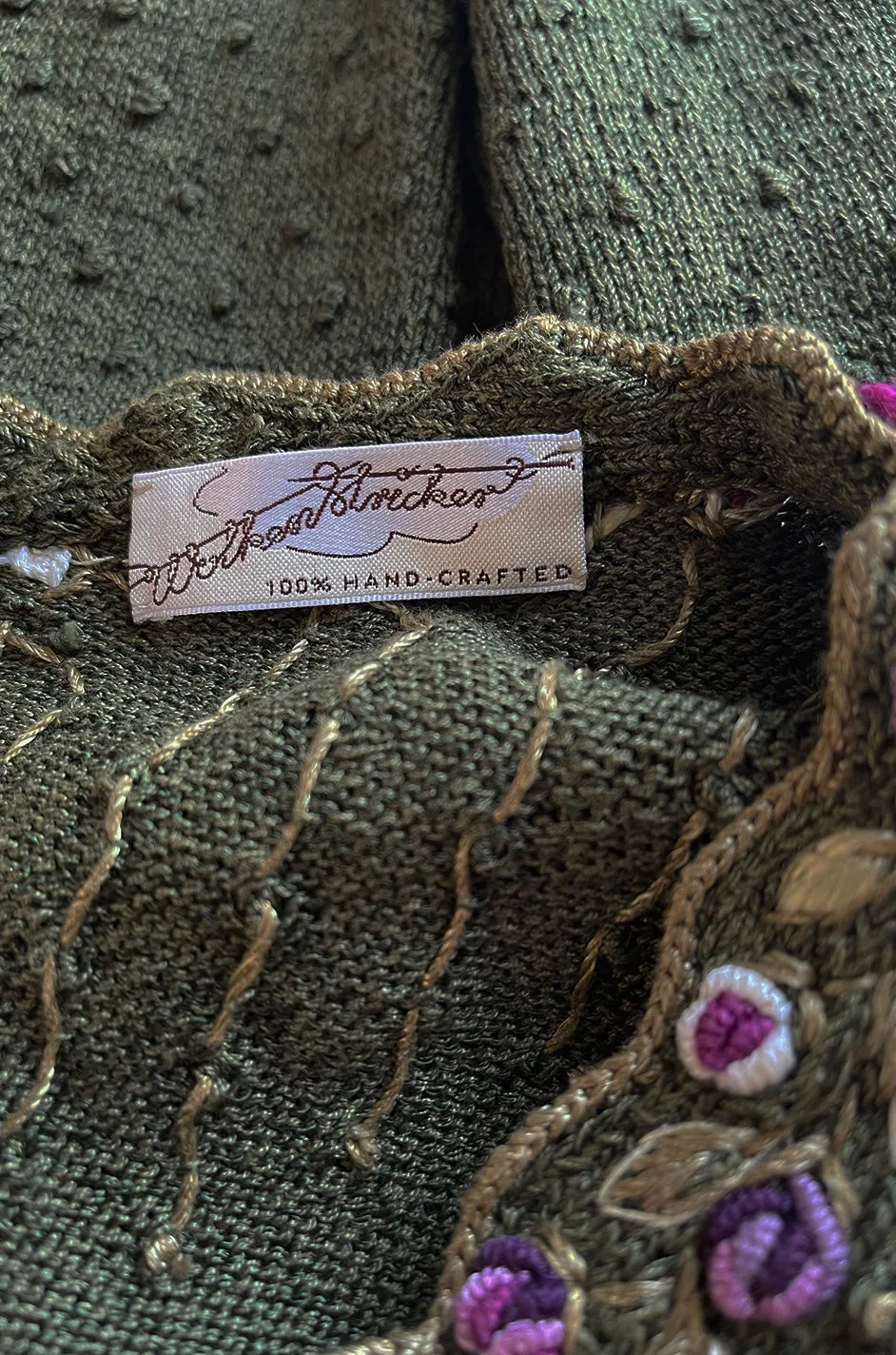 Prettiest 1980s Wolkenstricker Moss Green Colour Hand Knit Cardigan Sweater w Pink Floral Details