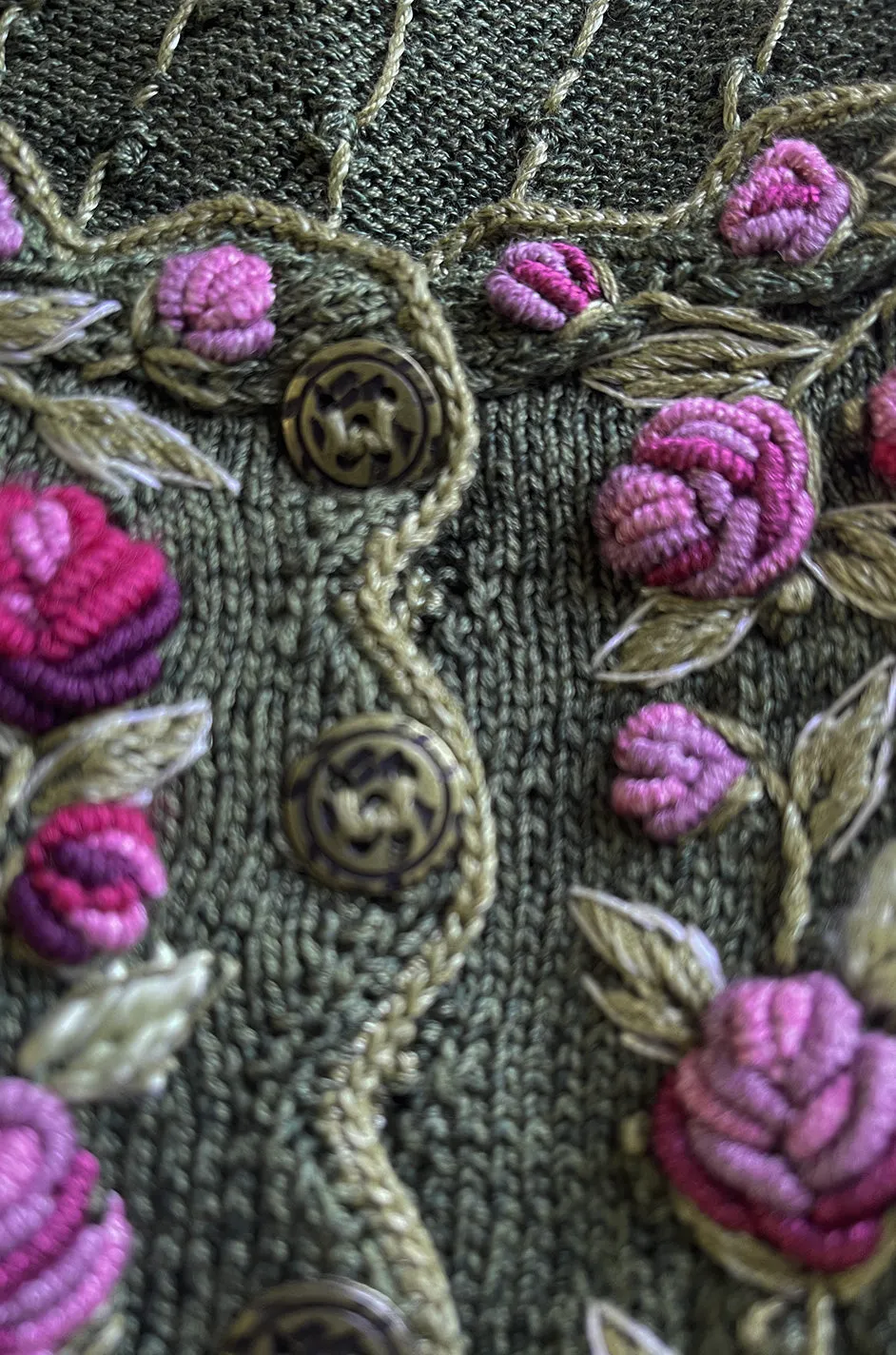 Prettiest 1980s Wolkenstricker Moss Green Colour Hand Knit Cardigan Sweater w Pink Floral Details