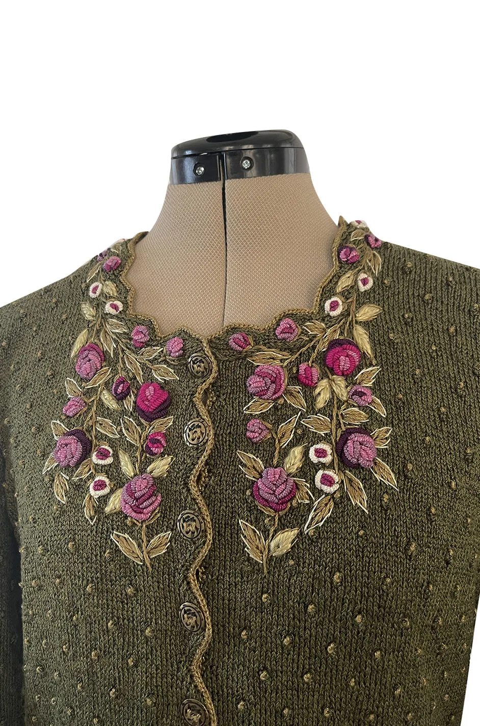 Prettiest 1980s Wolkenstricker Moss Green Colour Hand Knit Cardigan Sweater w Pink Floral Details