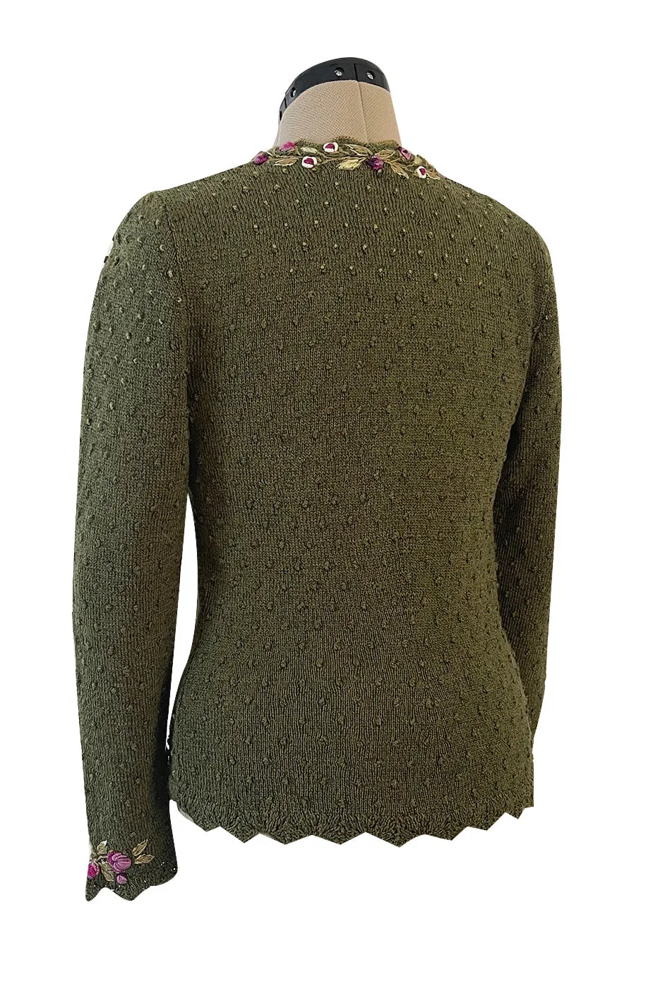 Prettiest 1980s Wolkenstricker Moss Green Colour Hand Knit Cardigan Sweater w Pink Floral Details