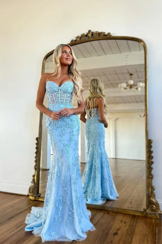 Prom Dress: Baby Blue Ball Gown adorned with Mermaid Appliques