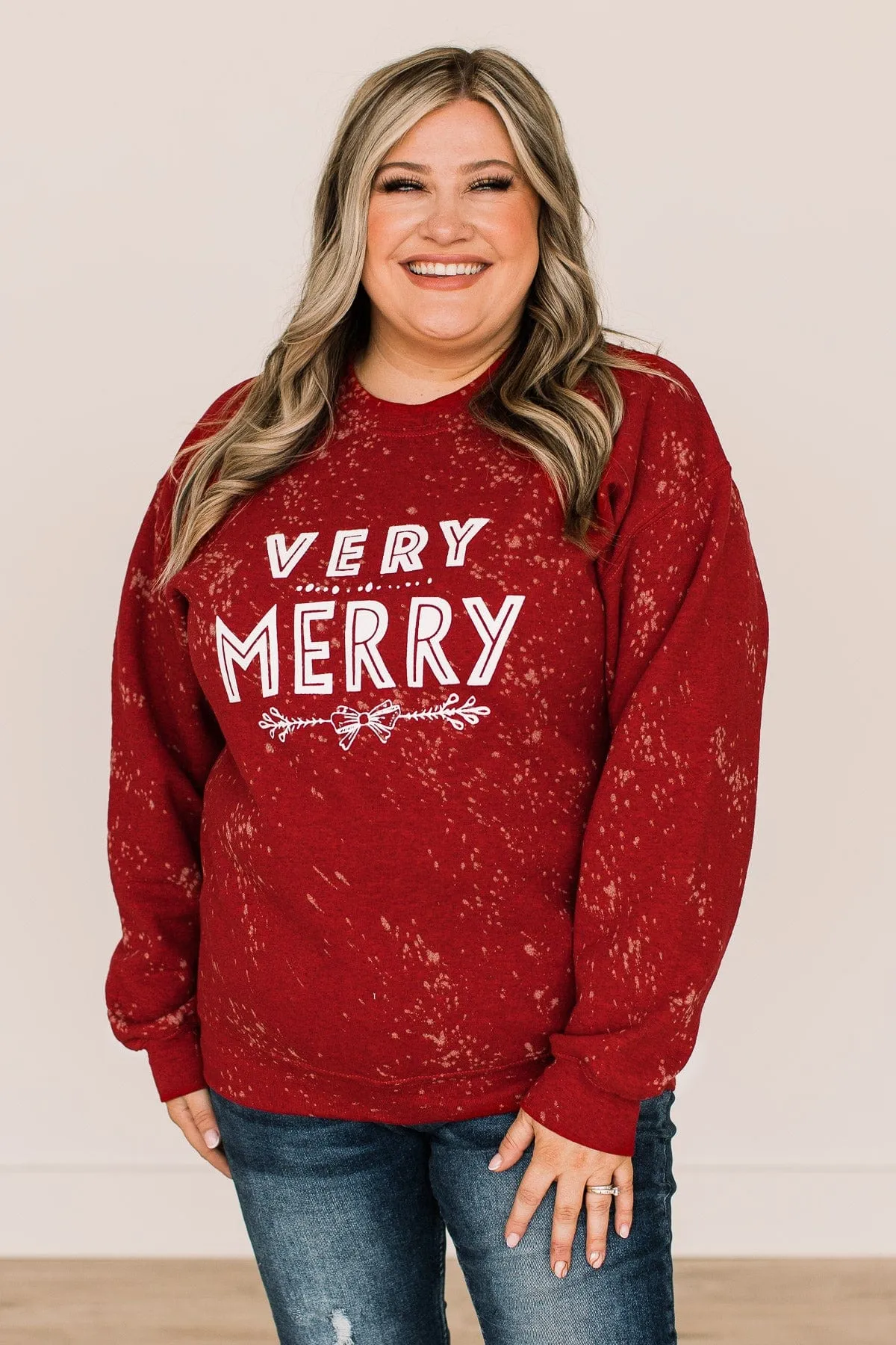 "Very Merry" Bleached Crew Neck- Red