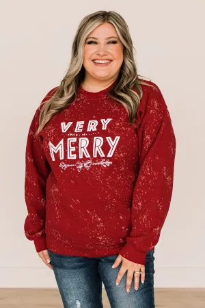 "Very Merry" Bleached Crew Neck- Red