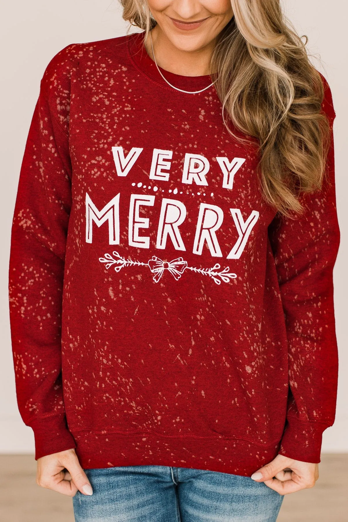 "Very Merry" Bleached Crew Neck- Red