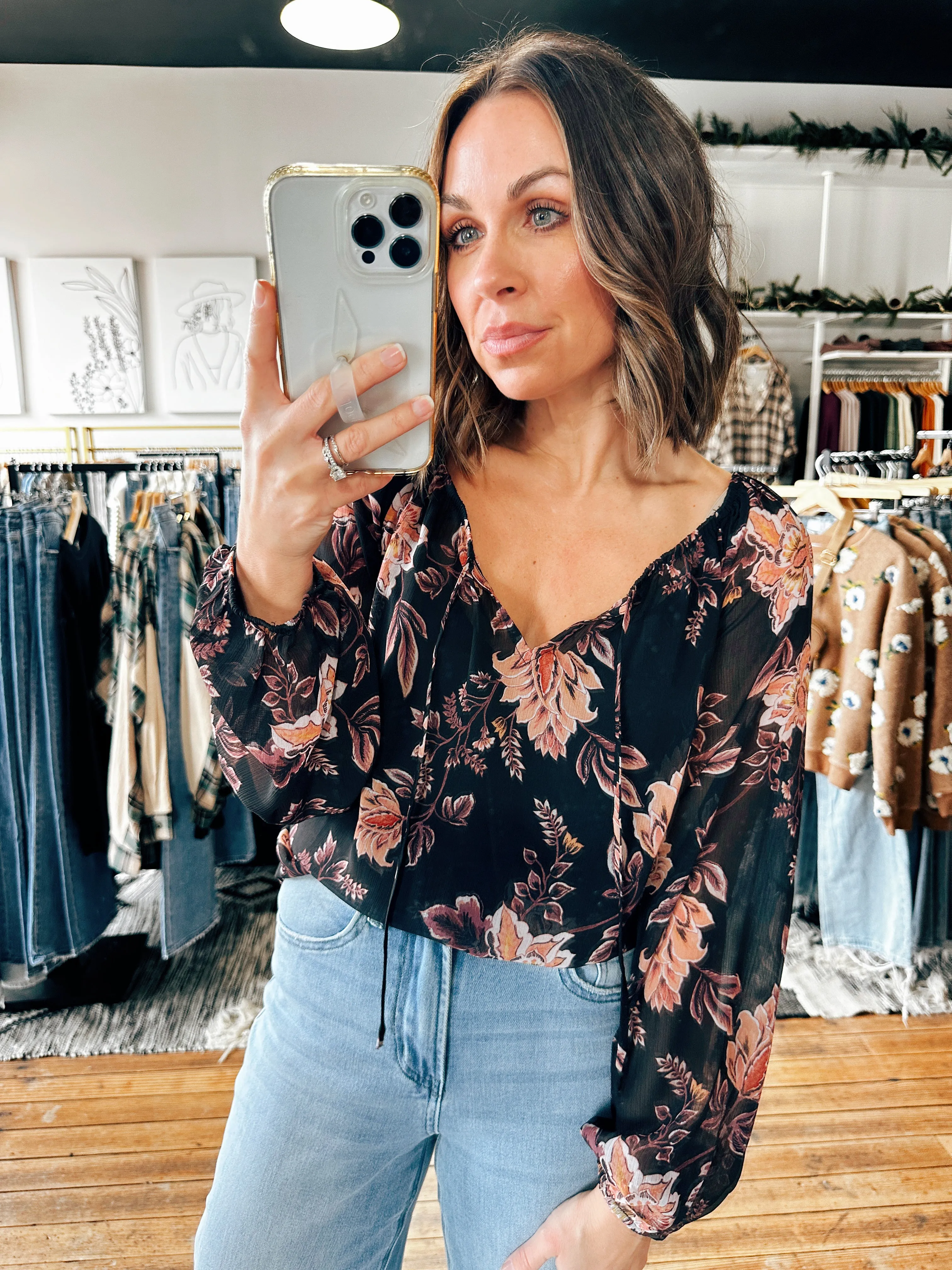 Raglan Long Sleeve Blouse w/ Neck Tie