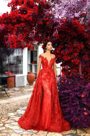 red lace prom dresses with detachable skirt train elegant cap sleeve cheap prom gown vestido de festa