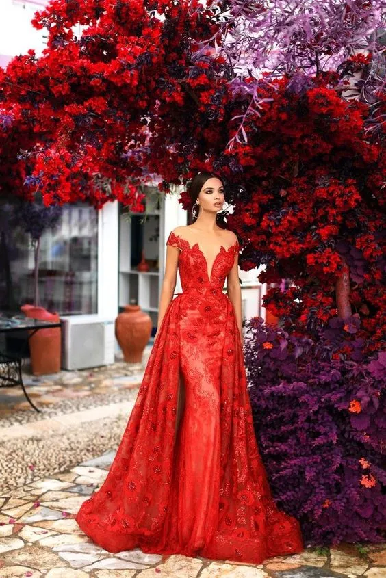 red lace prom dresses with detachable skirt train elegant cap sleeve cheap prom gown vestido de festa