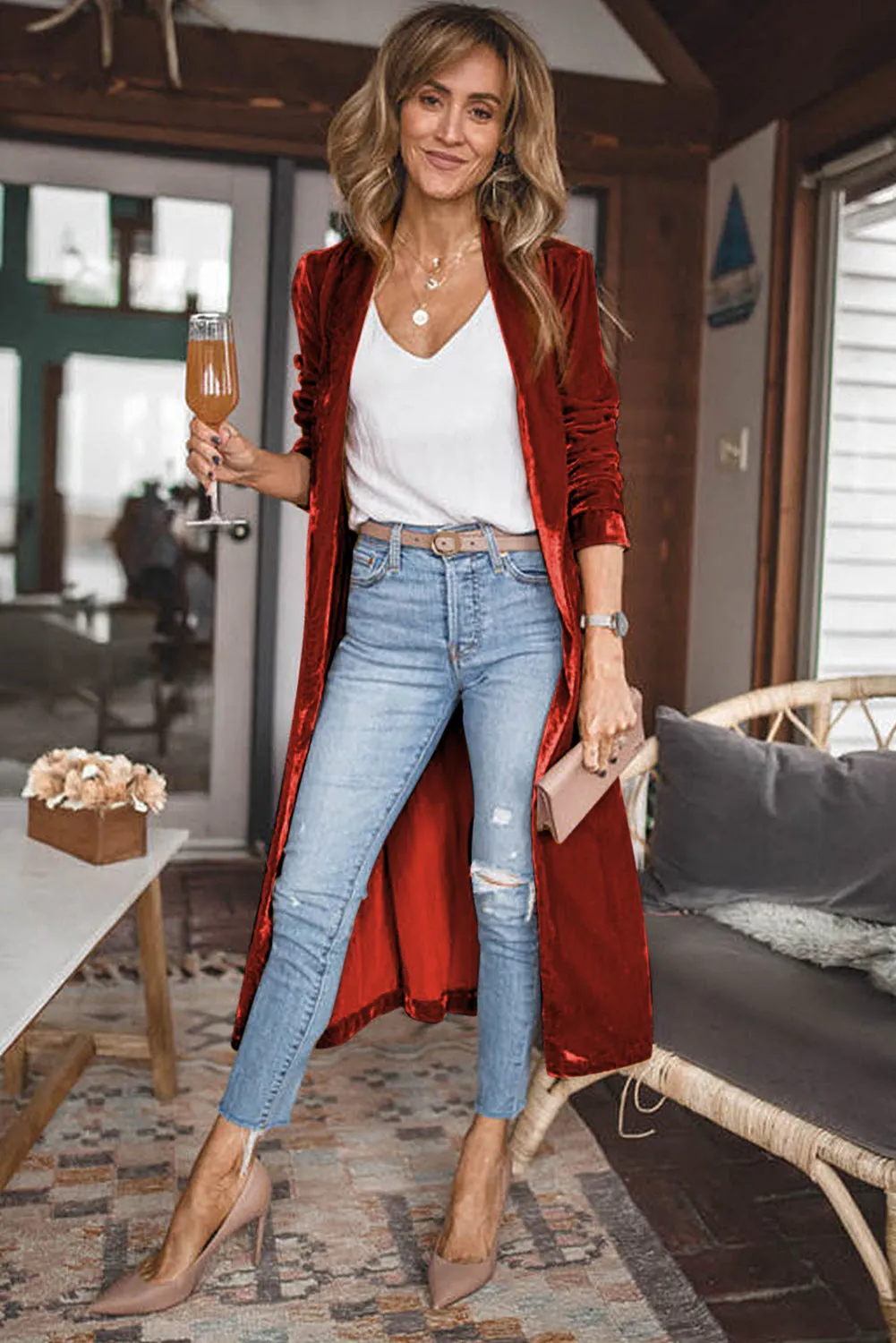 Red Yellow Velvet Open Front Pocketed Long Duster