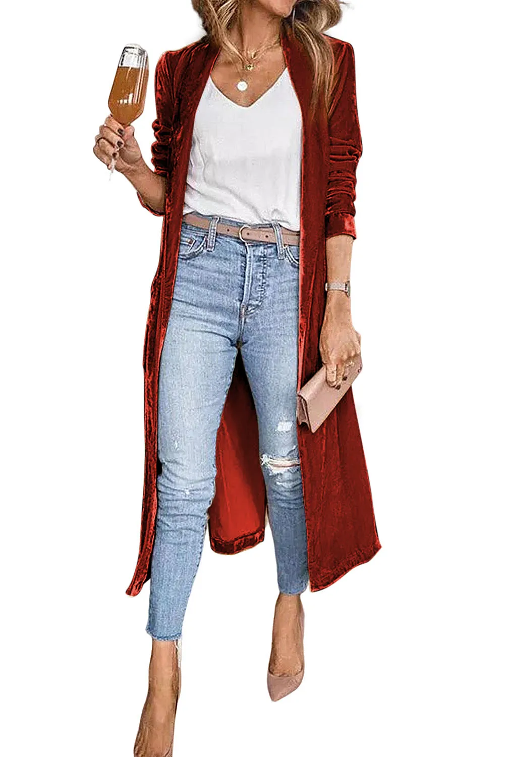 Red Yellow Velvet Open Front Pocketed Long Duster