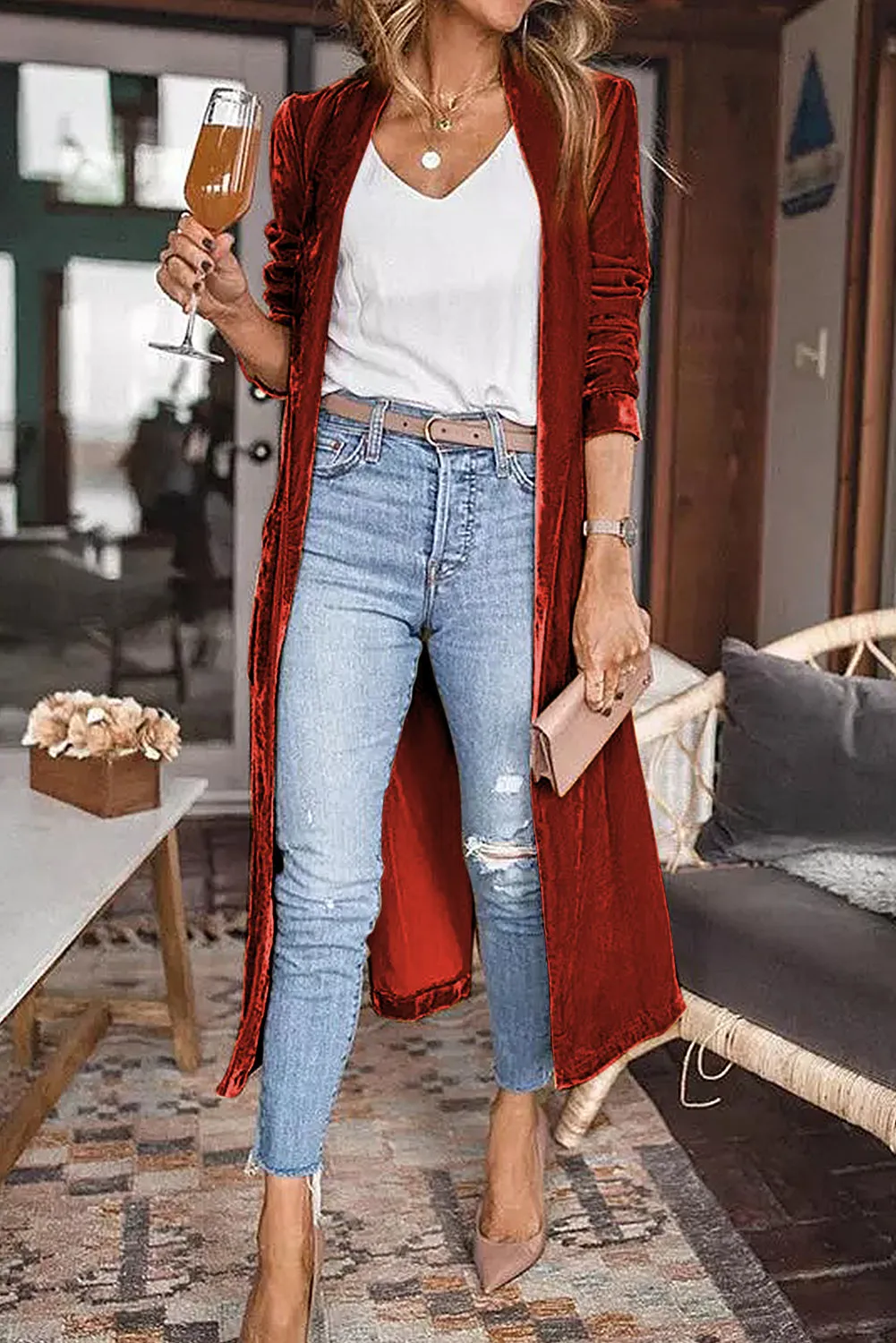Red Yellow Velvet Open Front Pocketed Long Duster