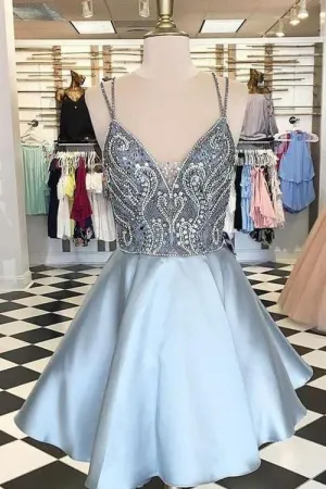 Rhinestones Bodice Satin Short Homecoming Party Gown with Double Straps