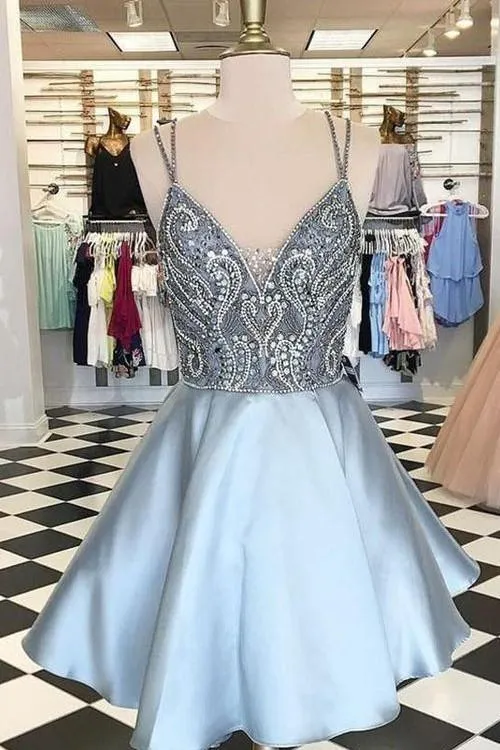 Rhinestones Bodice Satin Short Homecoming Party Gown with Double Straps