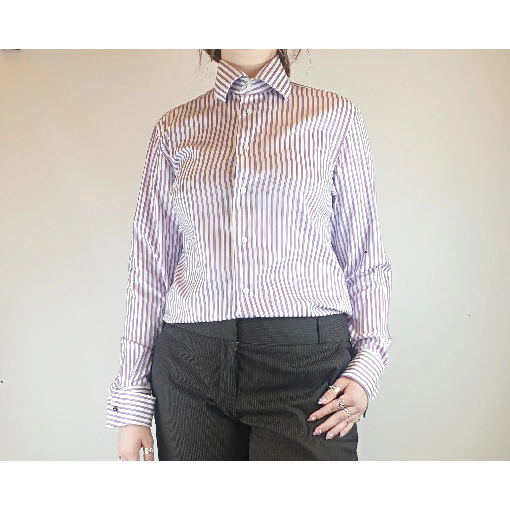 Rhodes & Beckett purple and white virticle striped work shirt size L (best fits 12)