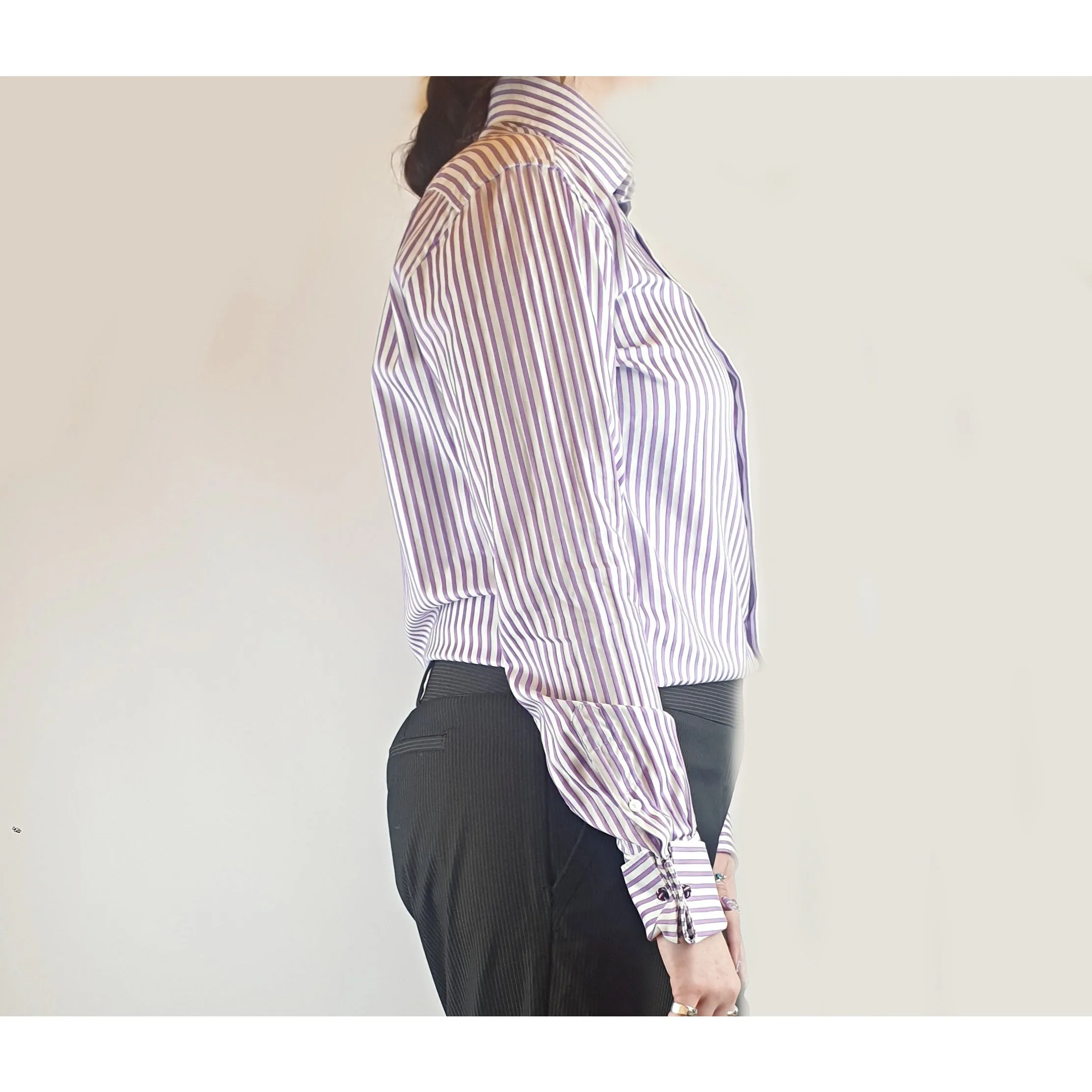 Rhodes & Beckett purple and white virticle striped work shirt size L (best fits 12)