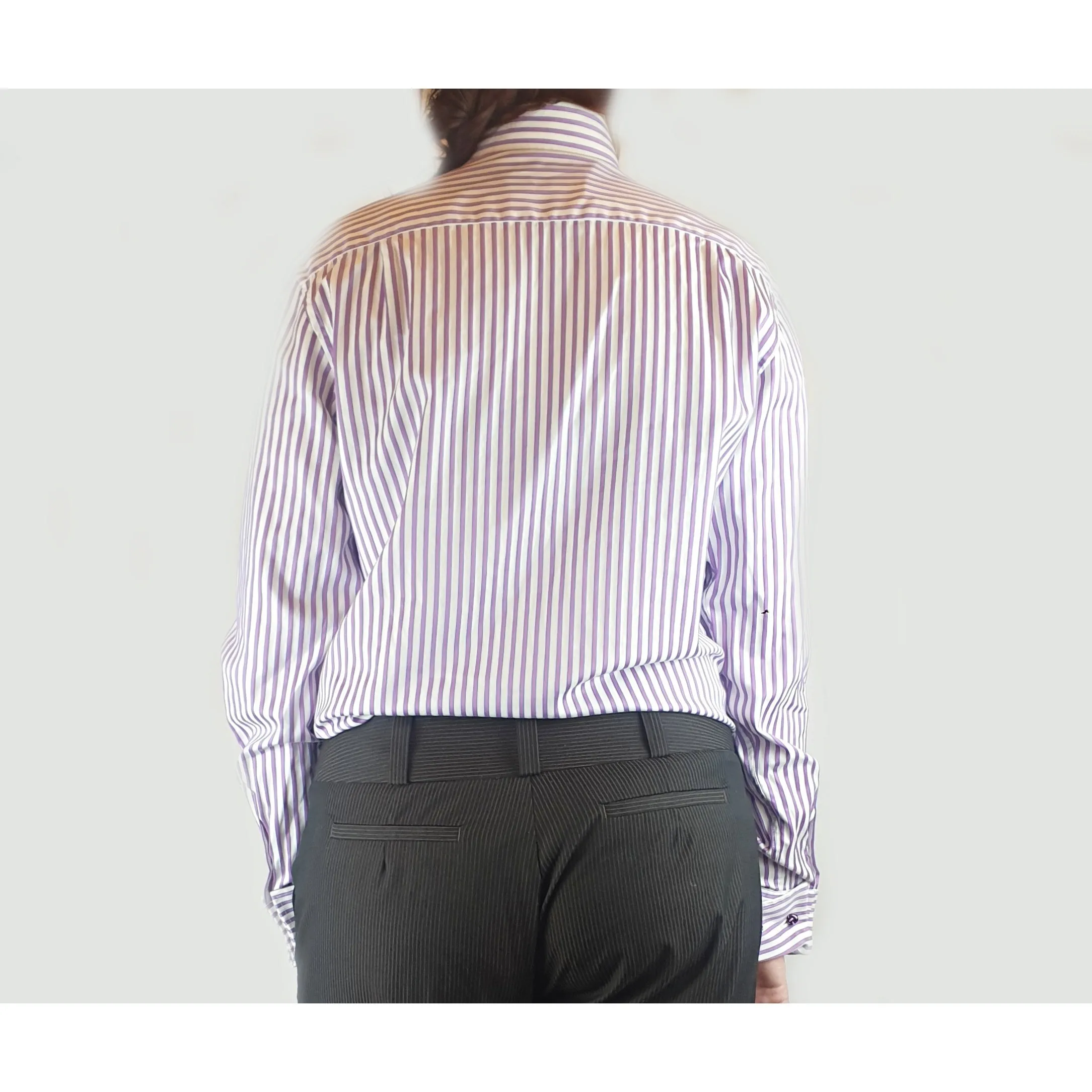 Rhodes & Beckett purple and white virticle striped work shirt size L (best fits 12)