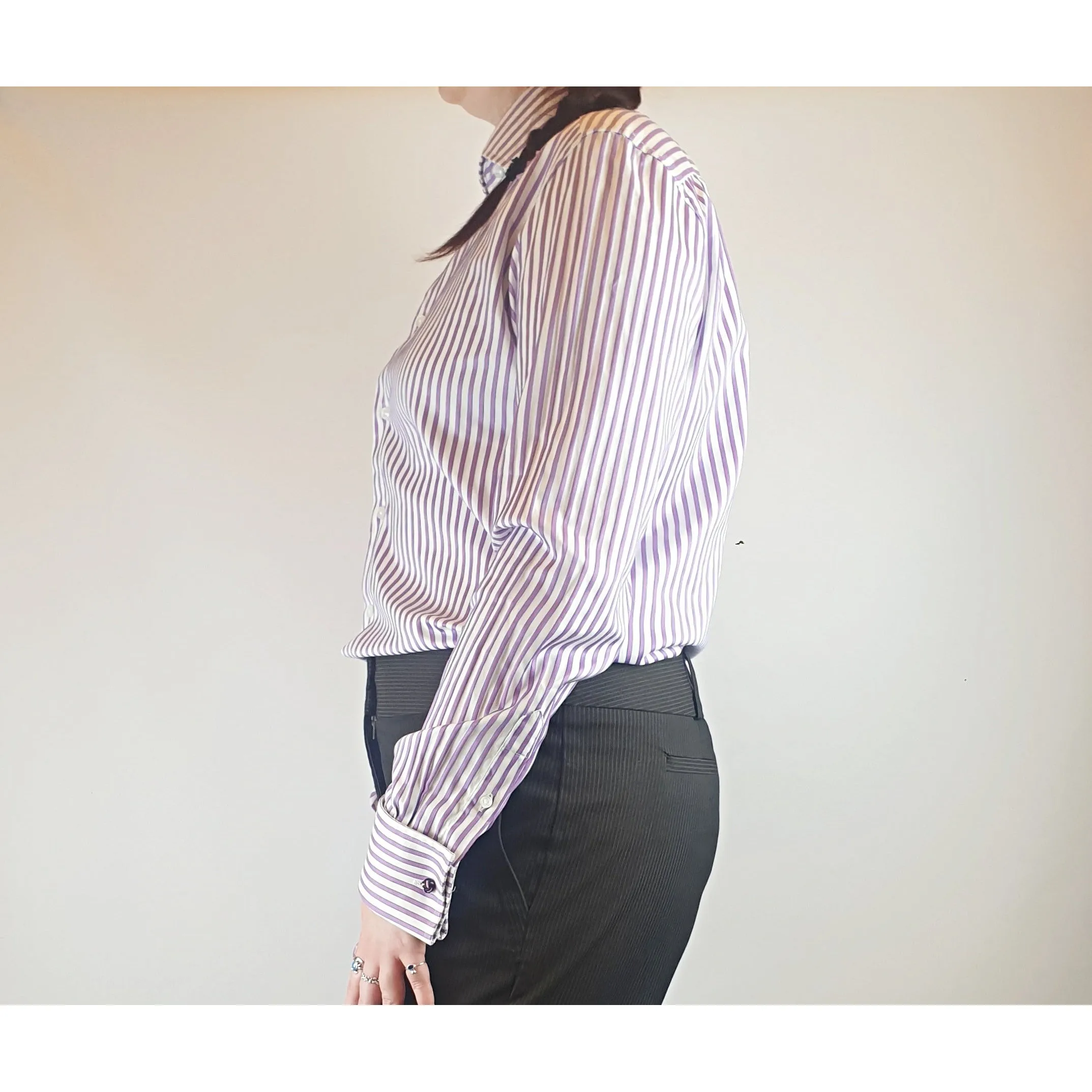 Rhodes & Beckett purple and white virticle striped work shirt size L (best fits 12)