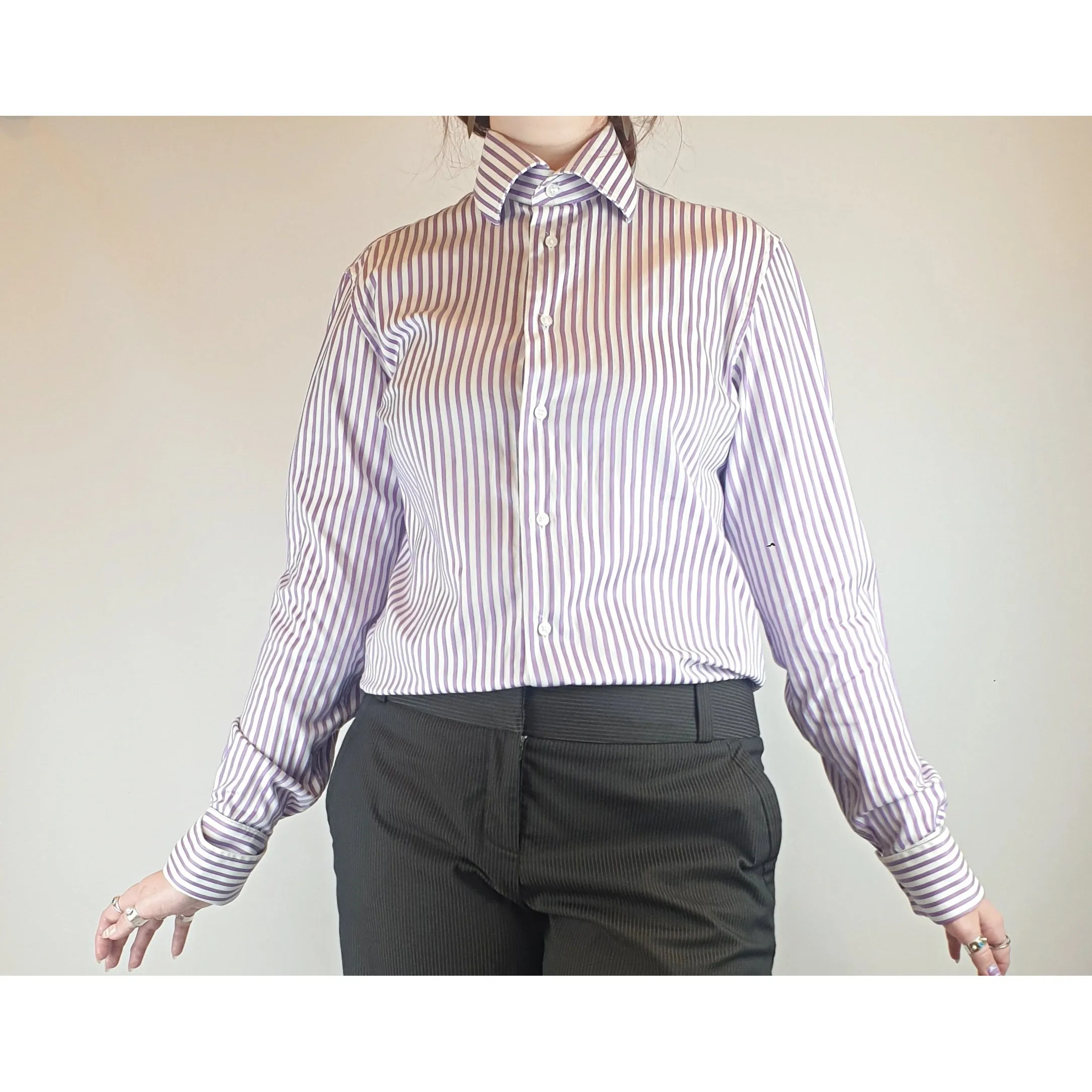Rhodes & Beckett purple and white virticle striped work shirt size L (best fits 12)