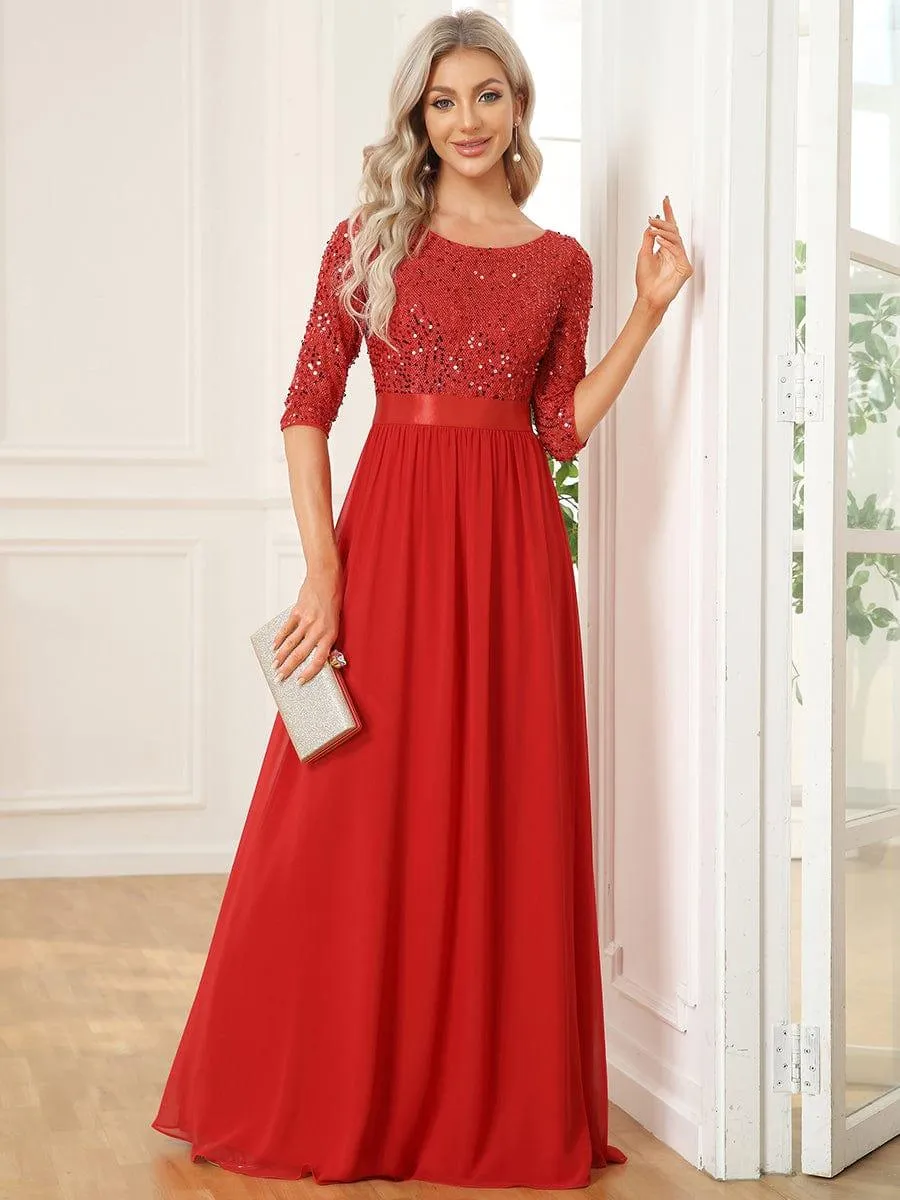 Robe de soirée Chic à encolure ronde et à manches 3/4 sequins