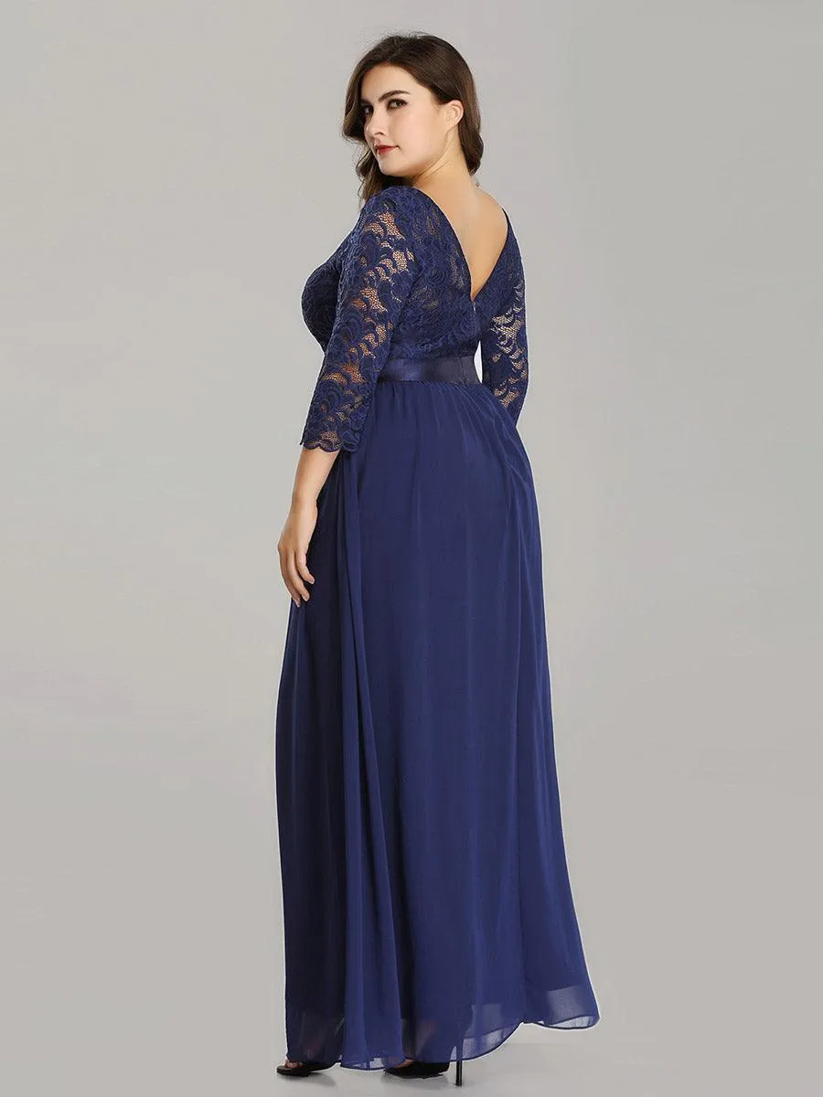 Robe de soirée en dentelle transparente au sol avec demi-manches