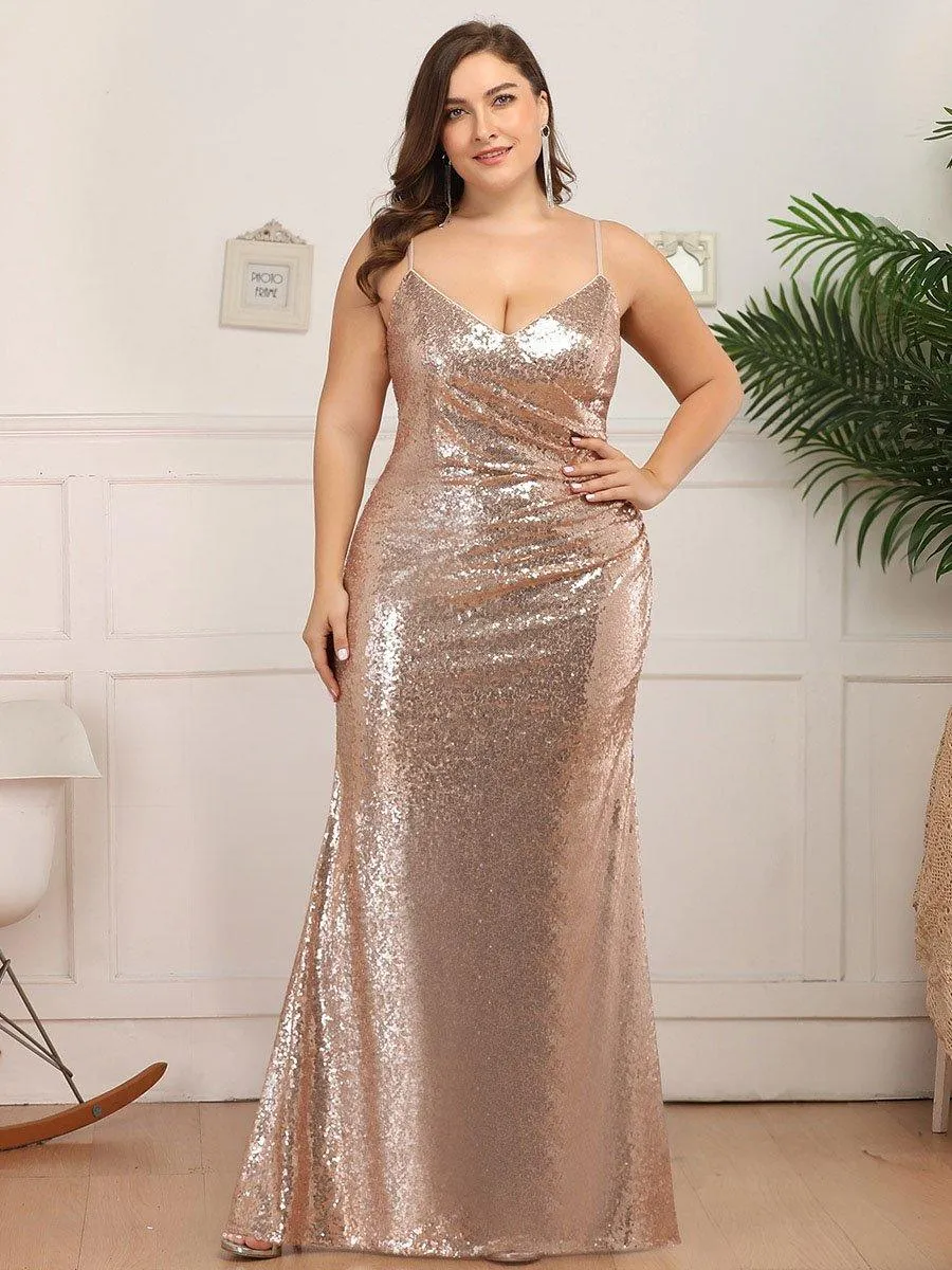 Robe de Soirée Sirène Grande Taille à Bretelles Spaghetti à Paillettes(Vente finale)